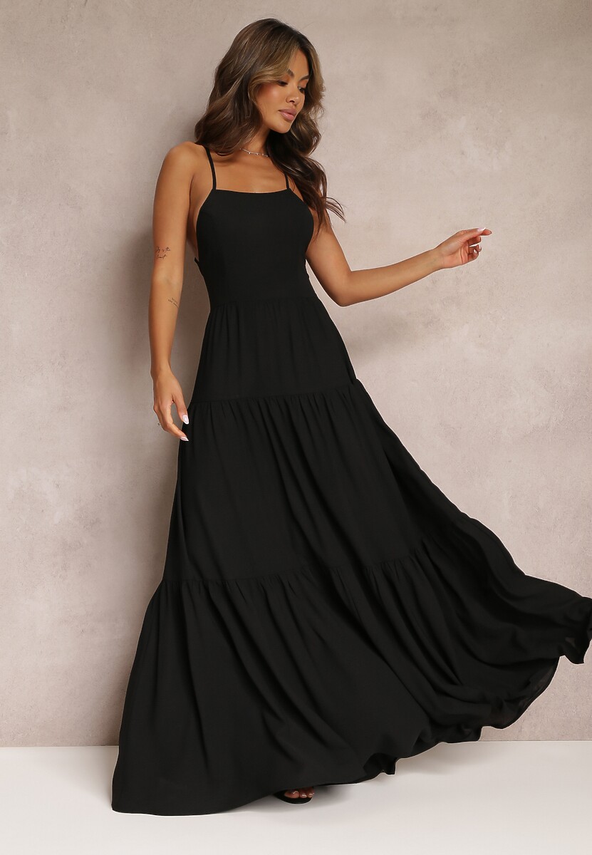 Czarna Rozkloszowana Maxi Sukienka z Falbankami i Wiązaniem na Tyle Karins