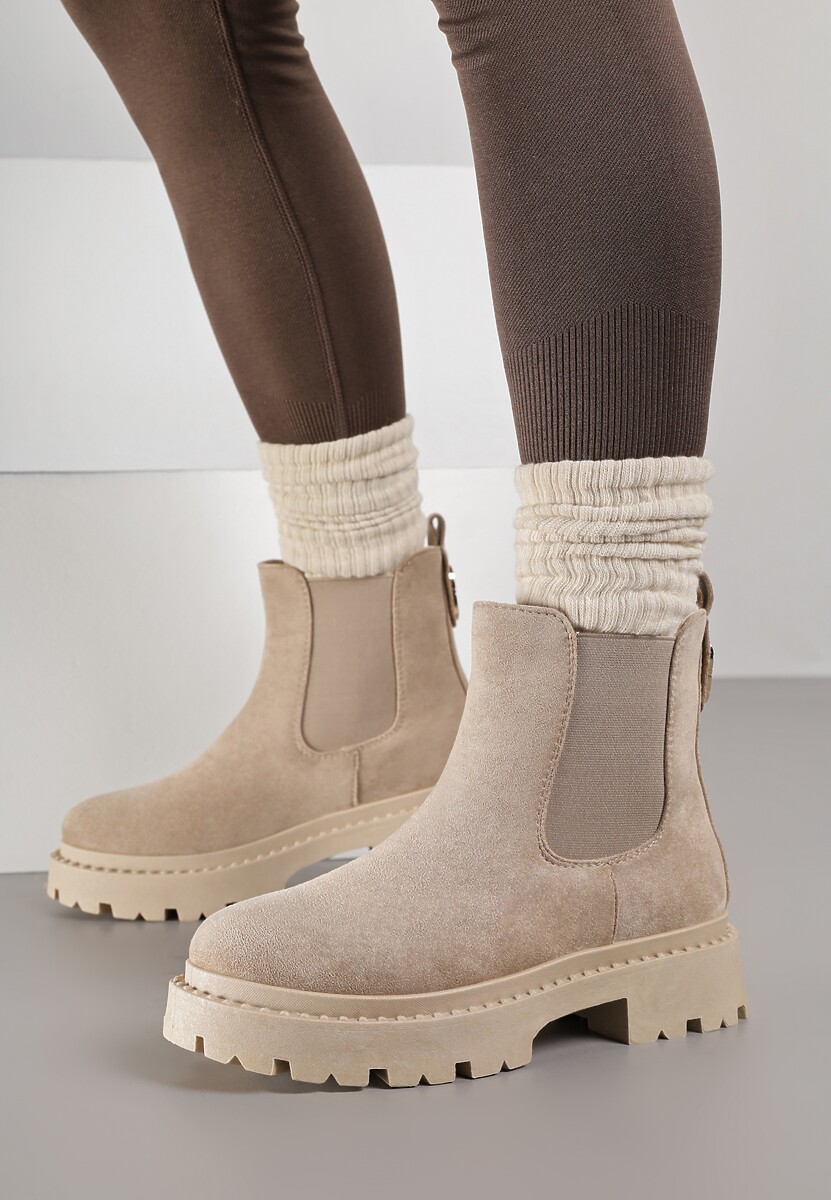Ciemnobeżowe Botki na Grubej Podeszwie za Kostkę Verithra