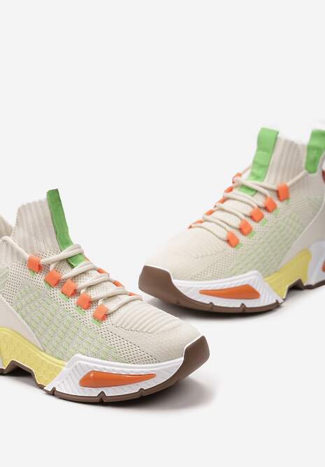 Beżowe Sneakersy Sportowe na Grubej Podeszwie ze Skarpetkową Cholewką Xille