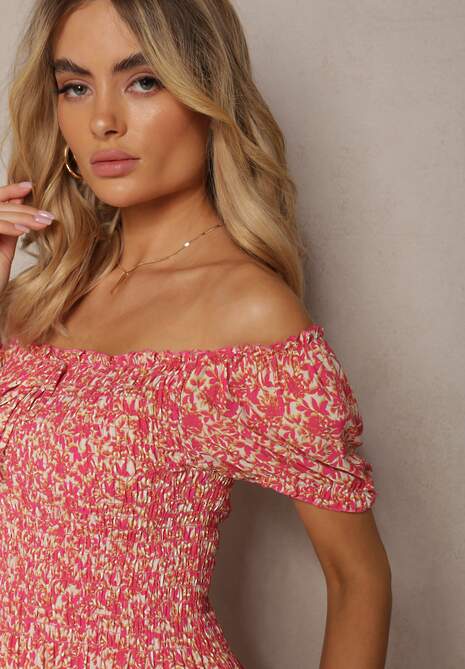 Fuksjowa Rozkloszowana Sukienka Bawełniana w Kwiaty z Hiszpańskim Dekoltem Xallona