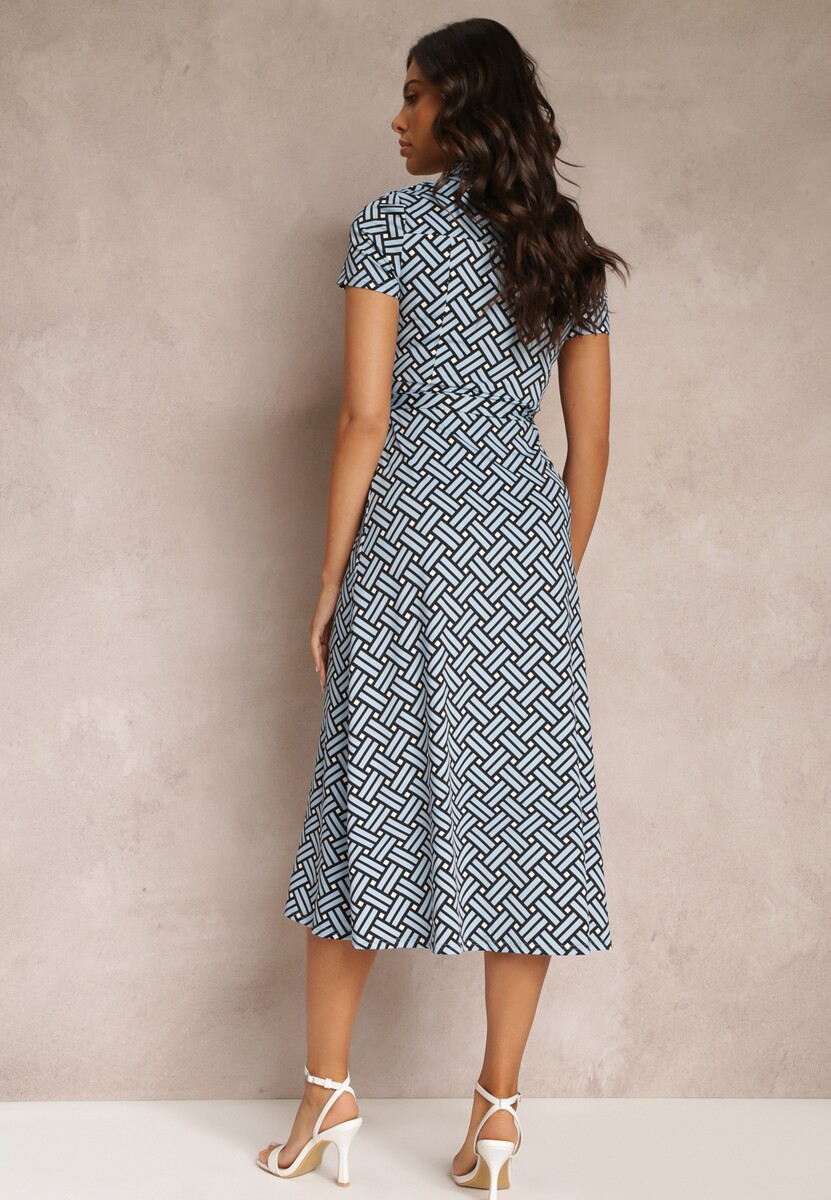 Niebieska Geometryczna Sukienka Midi z Kołnierzem i Paskiem z Materiału Mehisi