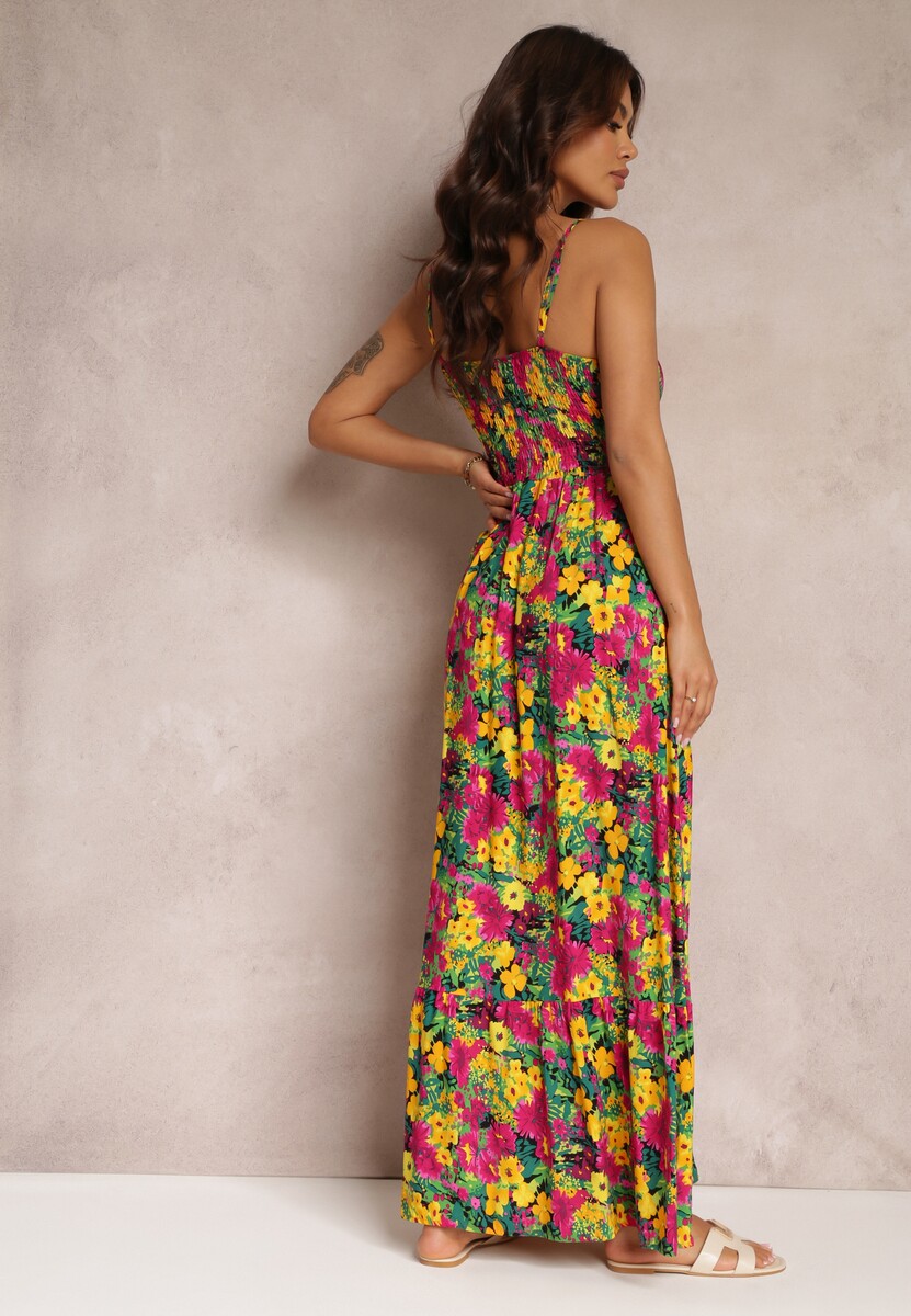 Żółto-Fuksjowa Rozkloszowana Sukienka z Wiskozy w Kwiaty Eurena