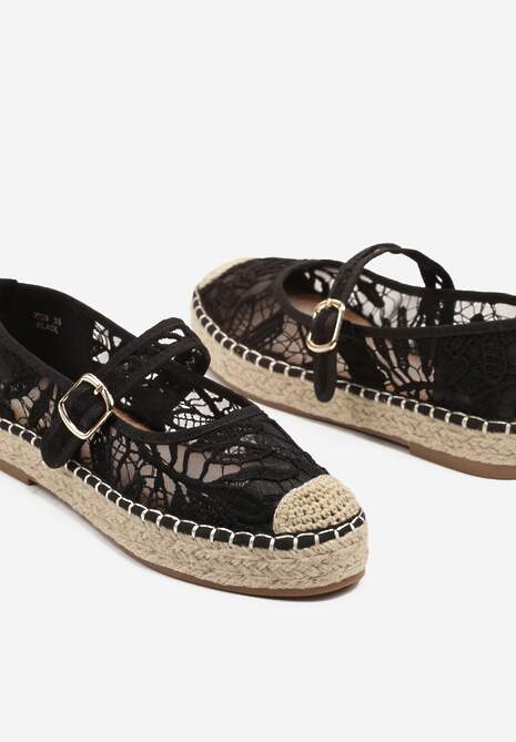 Czarne Espadryle na Plecionej Podeszwie z Paskiem i Koronkową Cholewką Tatonia