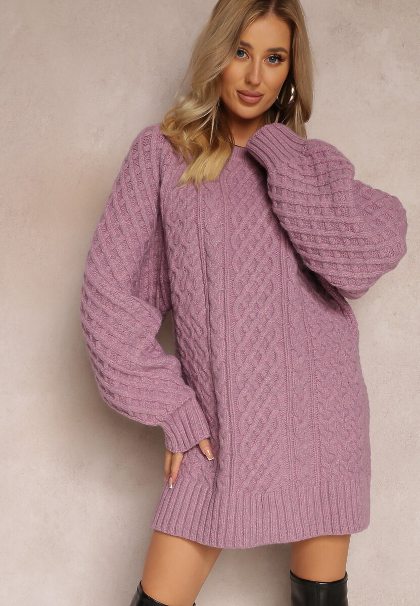 Fioletowy Długi Sweter Ozdobiony Drobnym Splotem Killoe