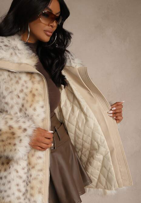Beżowa Zasuwana Kurtka Futerko z Szerokim Kołnierzem Mevisena
