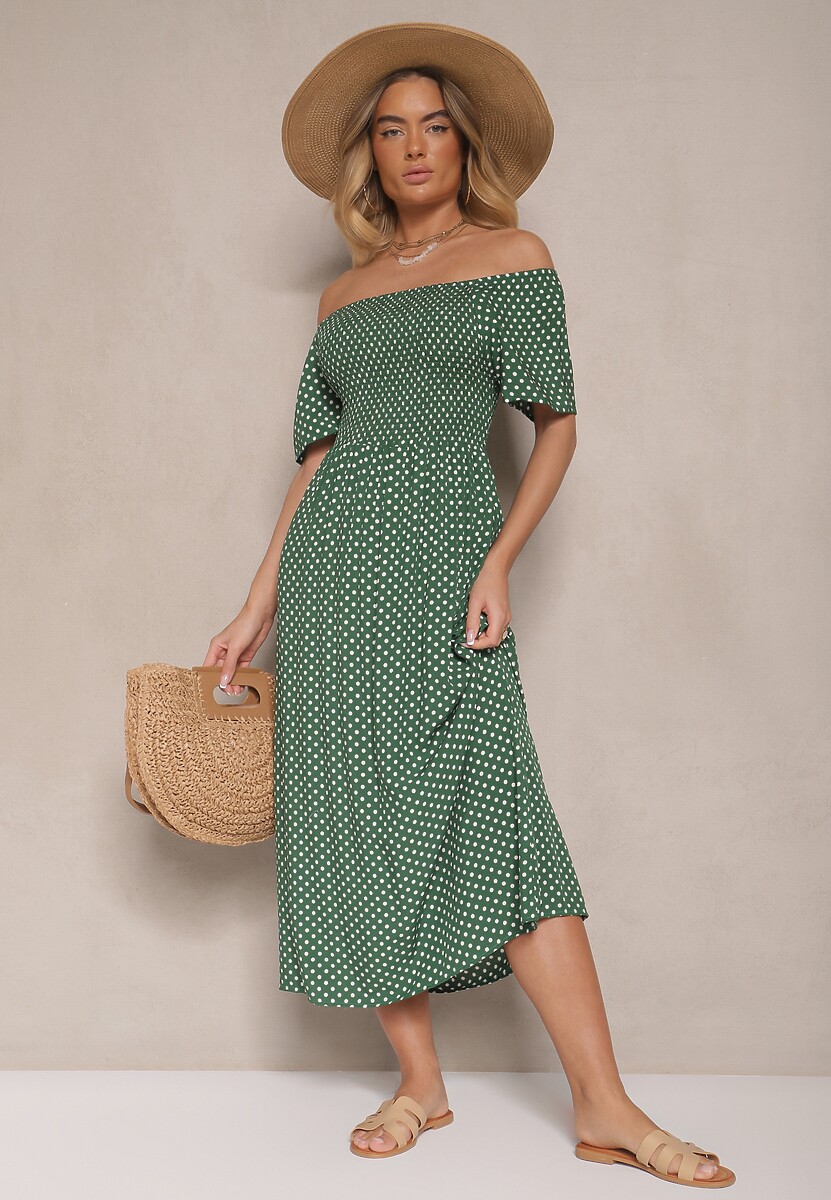 Biała Bawełniana Sukienka o Rozkloszowanym Kroju Zdobiona Printem w Groszki Lisanovia