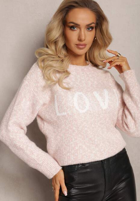 Różowy Sweter z Ozdobnym Napisem Wykończony Ściągaczami Minisoji