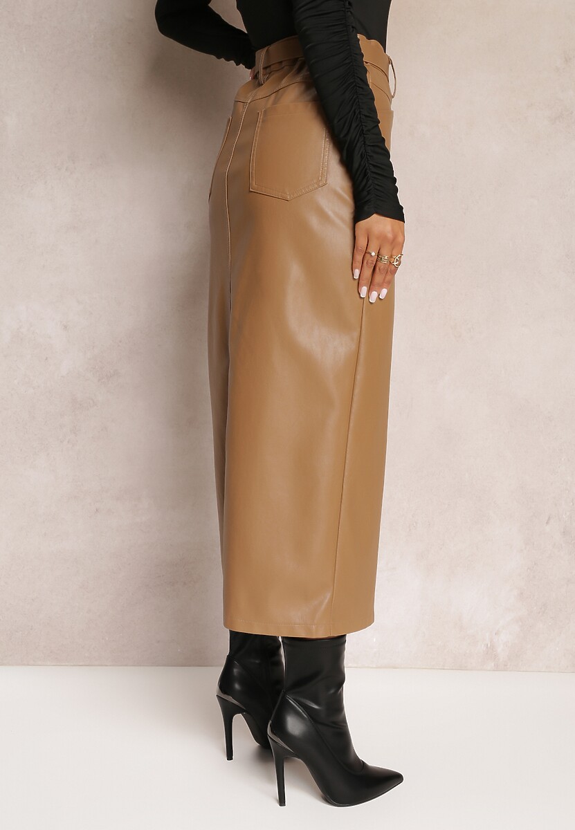Beżowa Ołówkowa Spódnica Maxi z Ekoskóry Evell