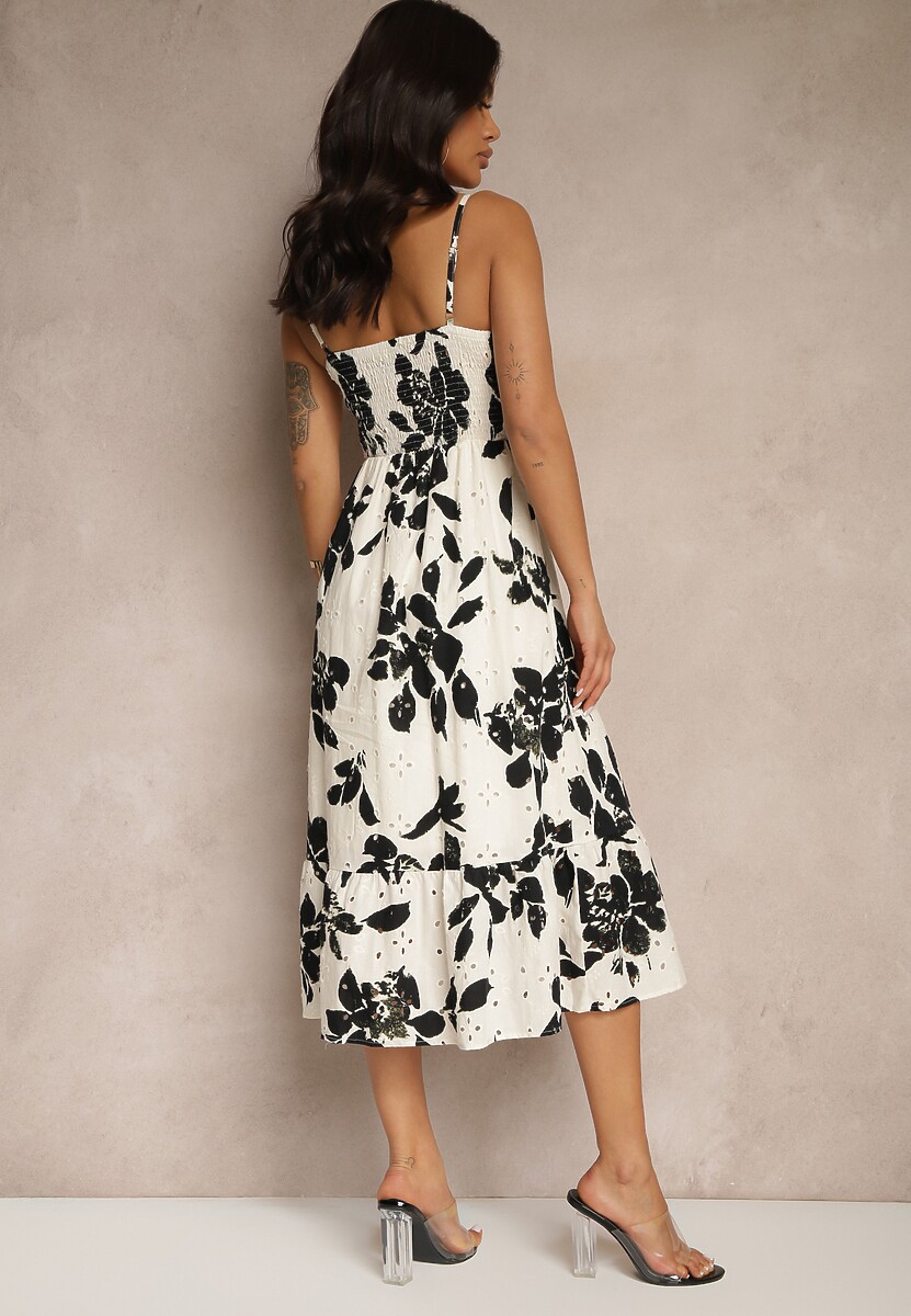 Czarna Rozkloszowana Sukienka na Ramiączkach z Ażurowej Tkaniny z Bawełny Nitira