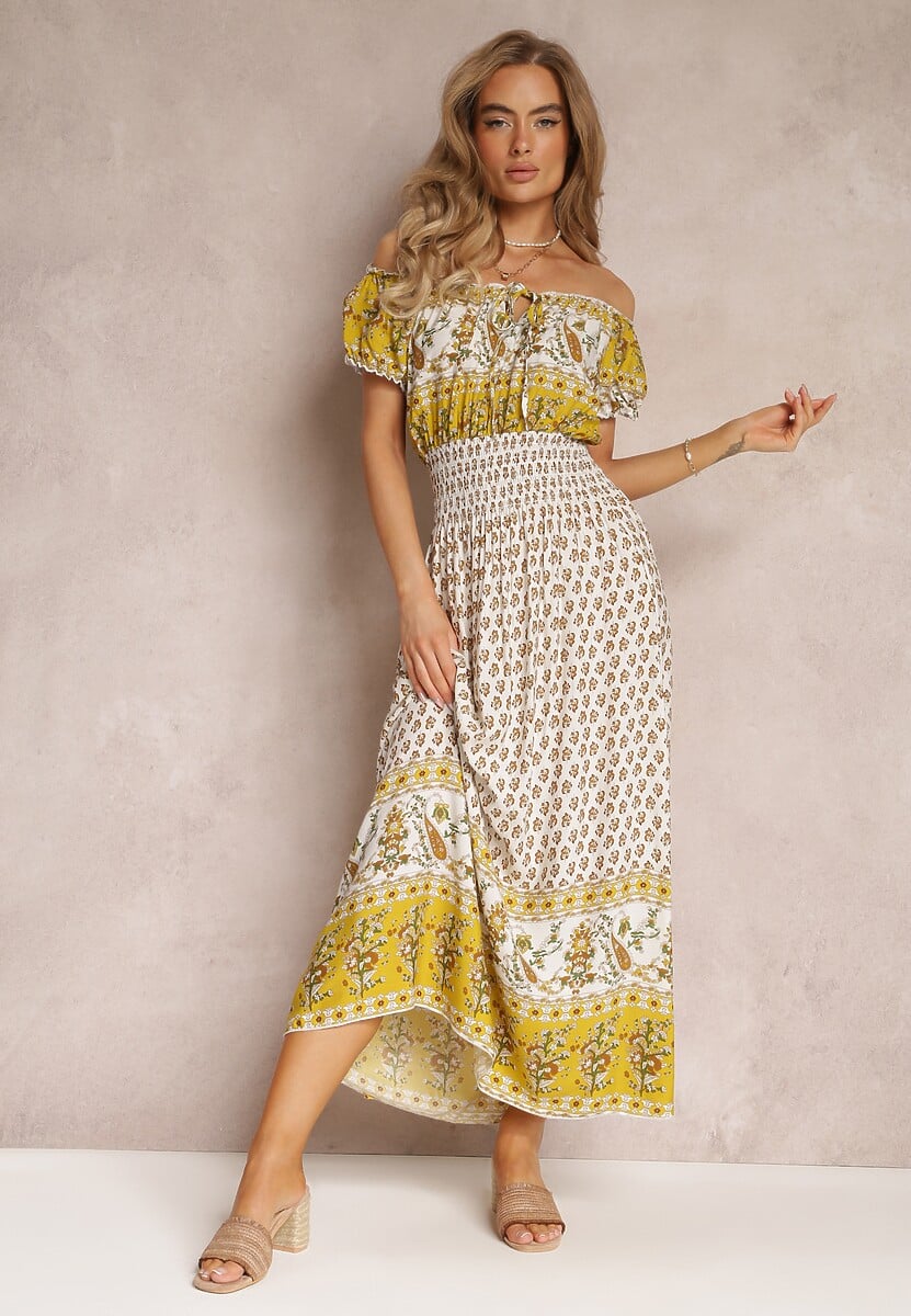 Żółta Sukienka Hiszpanka Maxi z Gumką w Pasie z Bawełny Eilena