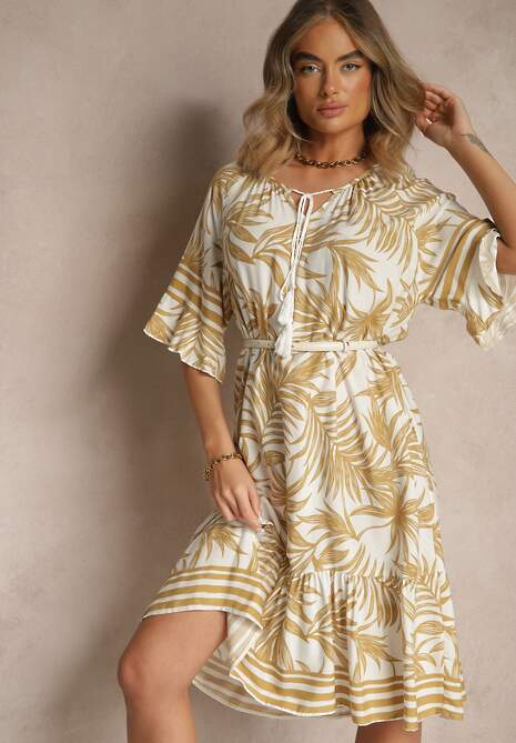 Beżowa Pudełkowa Sukienka Zdobiona Roślinnym Printem i Wiązaniem przy Dekolcie Miranissa