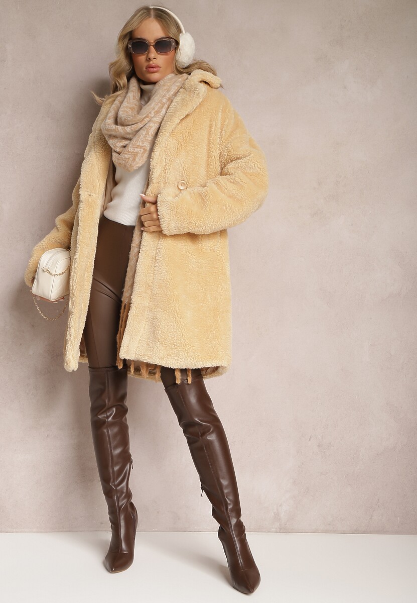 Beżowy Płaszcz Typu Teddy z Futerka z Kieszeniami Serenzi