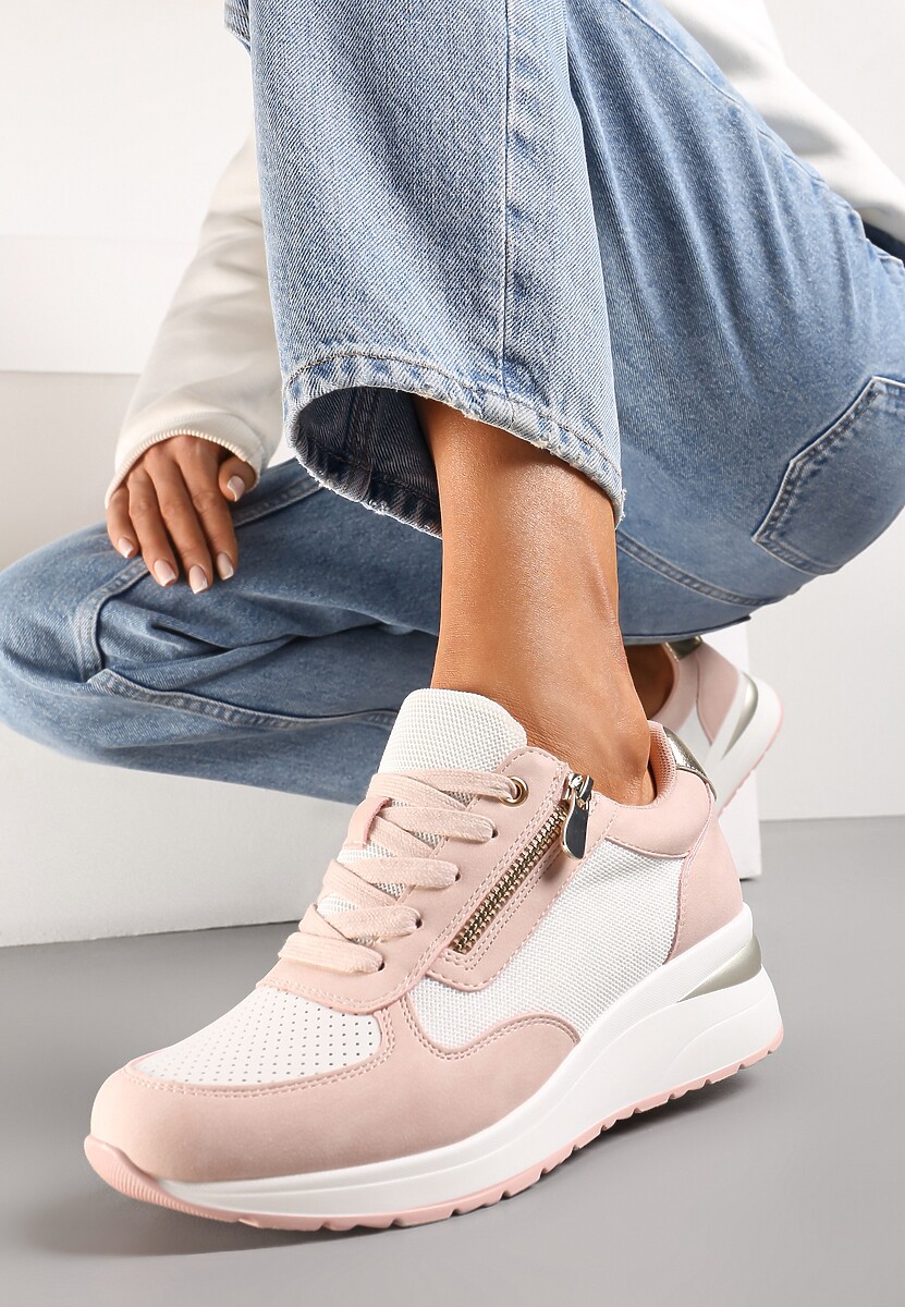 Różowe Sneakersy na Koturnie Ozdobione Krótkim Suwakiem Yurgia