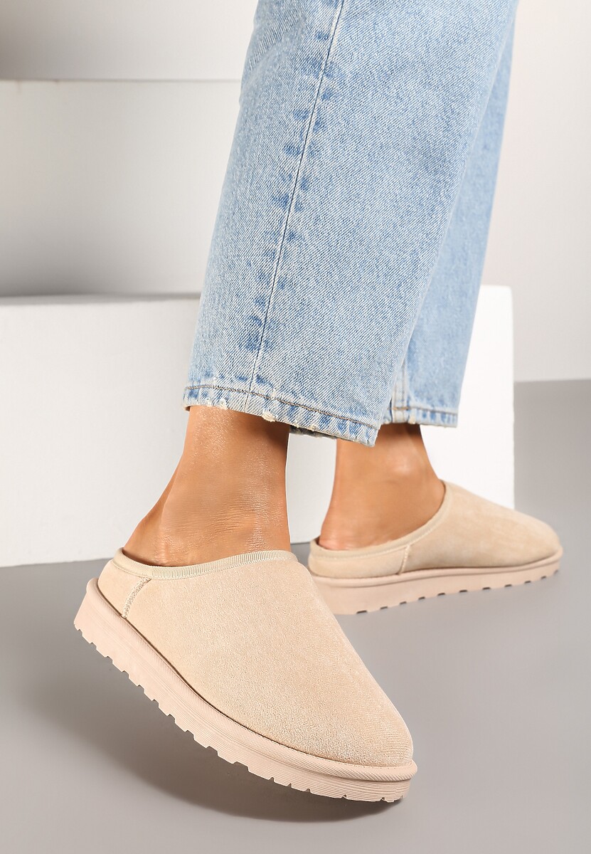 Beżowe Casualowe Kapcie na Płaskiej Podeszwie z Futerkiem Peccaria