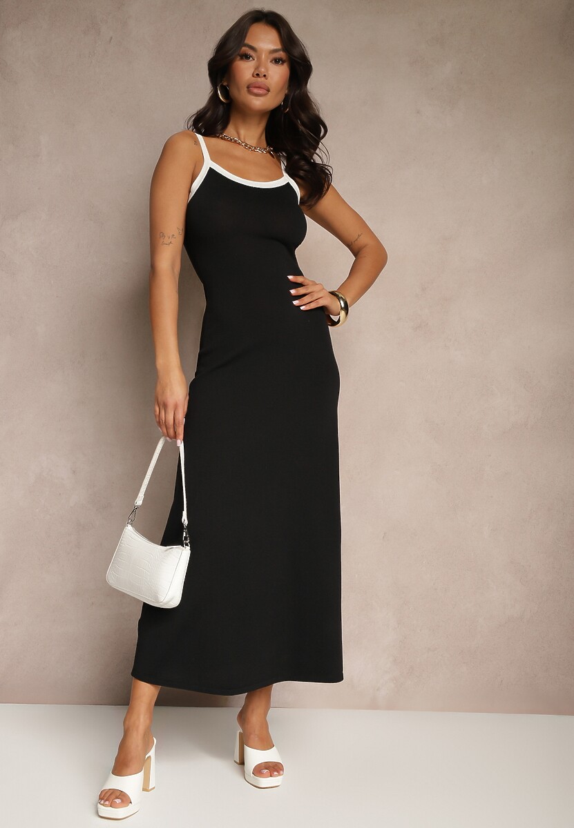 Czarna Sukienka z Wiskozy na Ramiączkach Zdobiona Printem w Prążki Zalirana