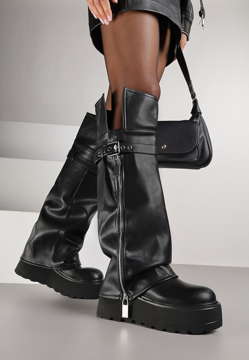 Czarne Kozaki w Stylu Grunge na Grubej Podeszwie z Wywijaną Cholewką Olentie