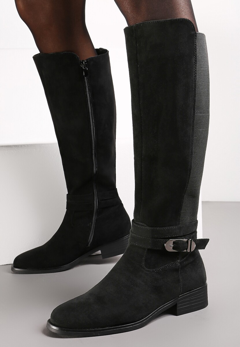 Czarne Kozaki Muszkieterki z Elastyczną Wstawką i Klamerką Wambra