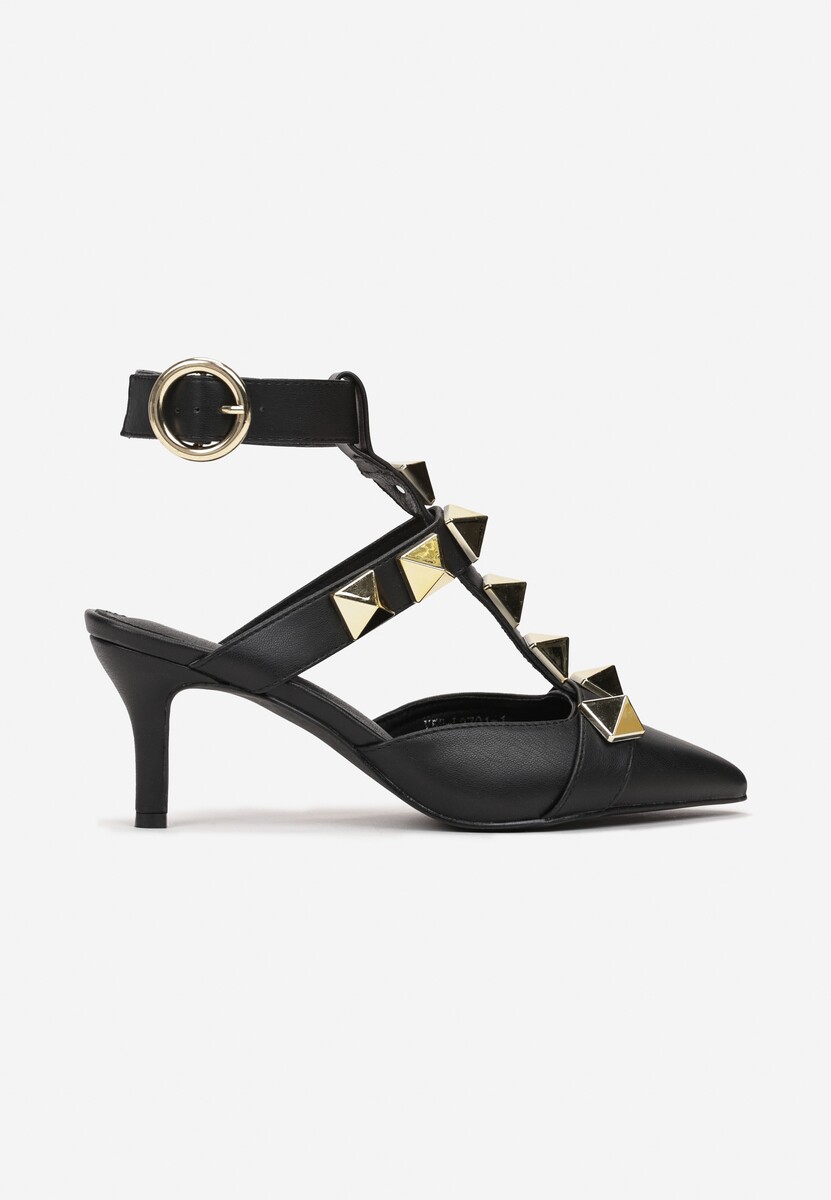 Czarne Sandały na Szpilce z Ćwiekami i Szpiczastym Noskiem Omalia