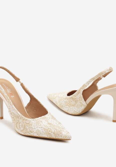 Złote Szpilki ze Szpiczastym Noskiem i Odkrytą Piętą Zdobione Koronką Sanariel