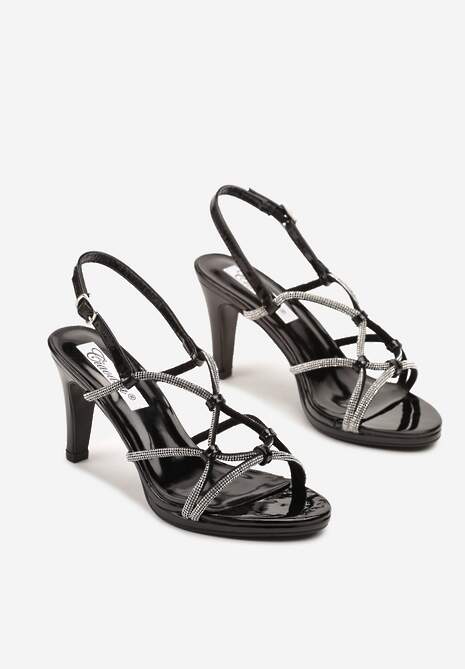 Czarne Lakierowane Szpilki Sandały z Cyrkoniowymi Paskami Zivelle