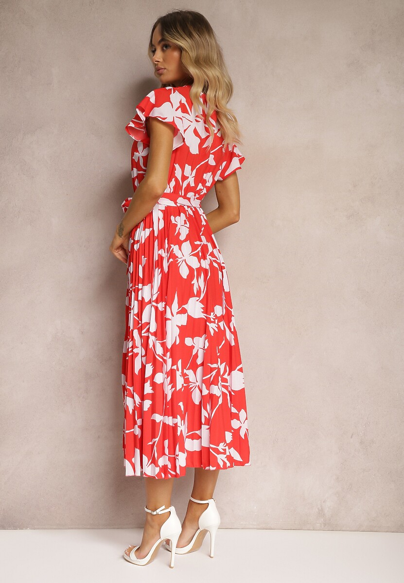 Czerwona Sukienka z Kopertowym Dekoltem Plisowanym Dołem Wykończona w Talii Paskiem i Gumką Elsavia