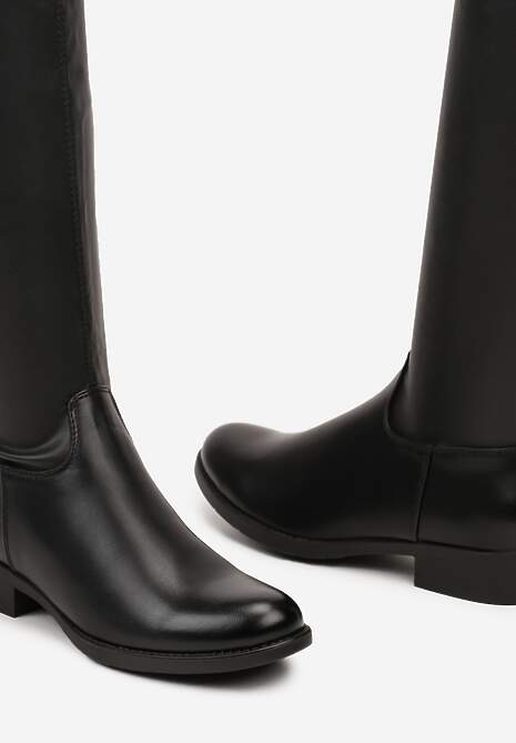 Czarne Kozaki na Płaskiej Podeszwie Oficerki za Kolano z Ociepleniem Ozdobione Wiązaniem Deoirae