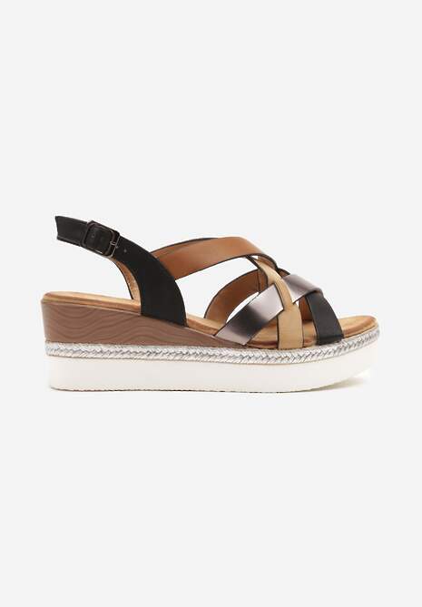 Czarne Przeplatane Sandały na Koturnie z Plecionym Zdobieniem Zialenna