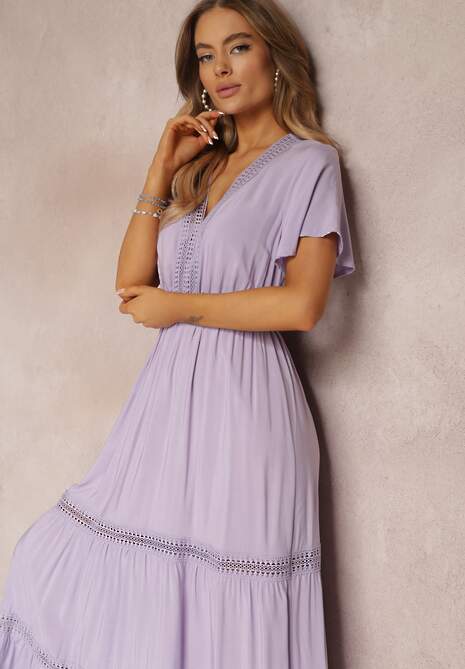 Fioletowa Długa Sukienka Zdobiona Koronkowymi Wstawkami z Gumką w Pasie Nasma