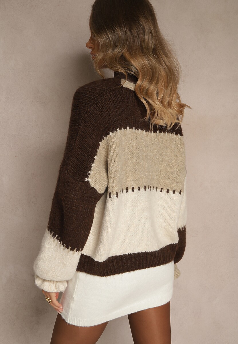 Brązowy Oversizowy Kardigan w Patchworkowym Stylu z Guzikami i Domieszką Wełny Atavita