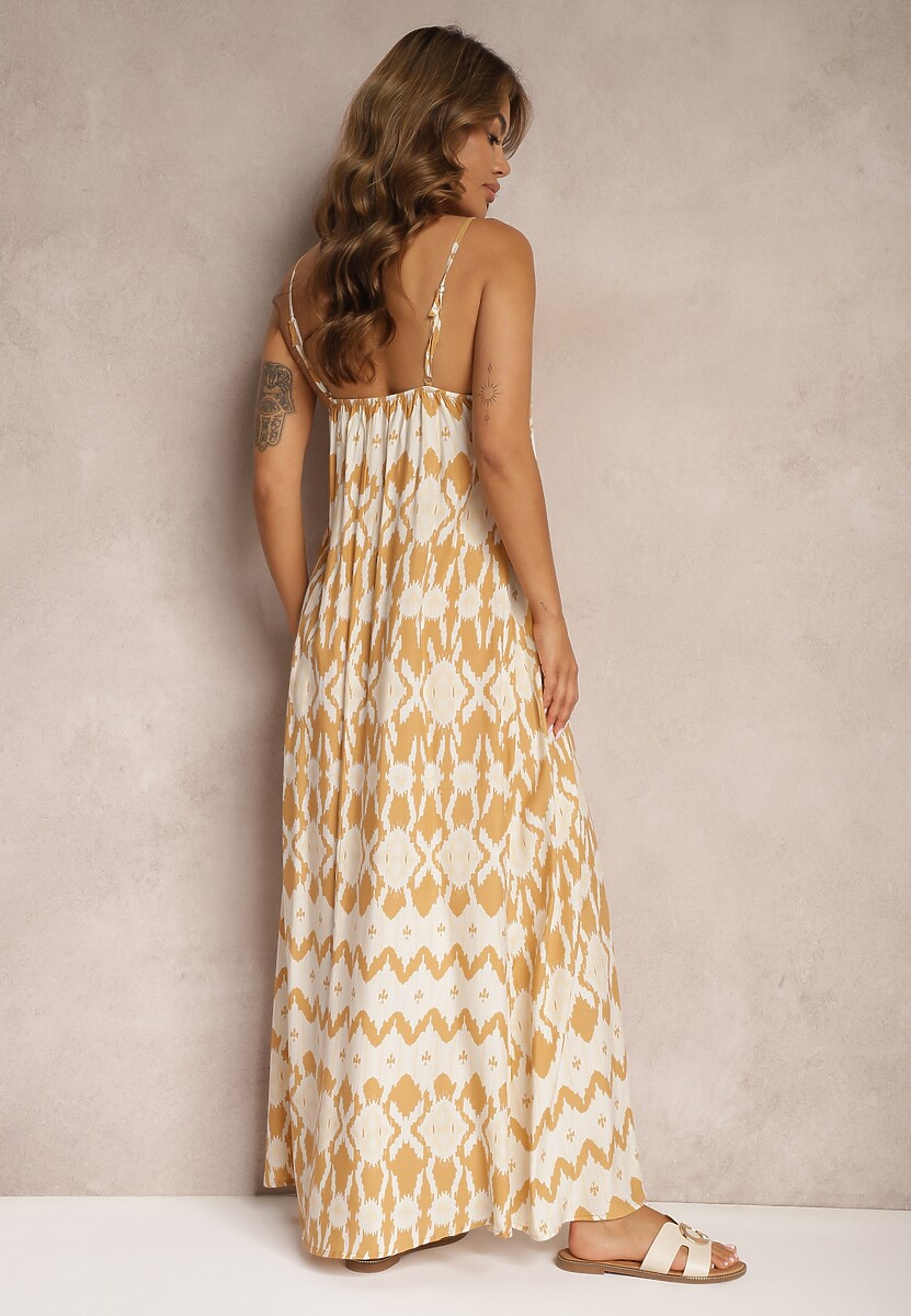 Beżowa Sukienka z Wiskozy na Ramiączkach o Rozkloszowanym Kroju i Geometrycznym Wzorze Xervidia