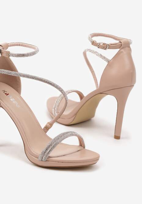 Beżowe Sandały Szpilki Zdobione Cyrkoniami Zapinane na Sprzączkę Ralisen