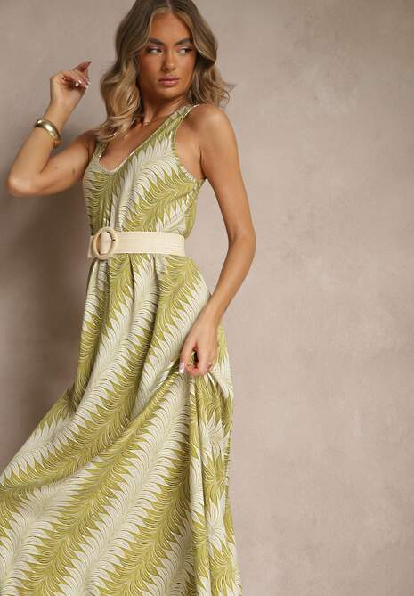 Zielona Rozkloszowana Sukienka z Geometrycznym Wzorem Lumire