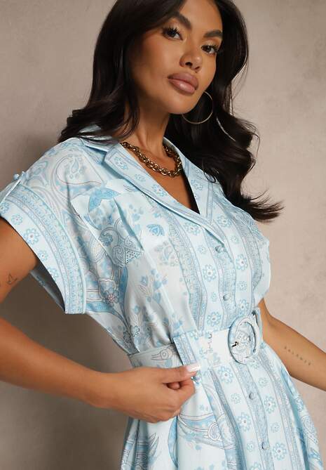 Niebieska Sukienka z Lnu i Wiskozy o Koszulowym Kroju z Paskiem z Klamrą Aluvanna