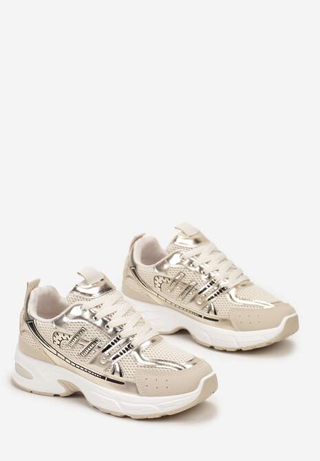 Złote Sneakersy na Grubej Podeszwie Ozdobione Przeszyciami Linarei