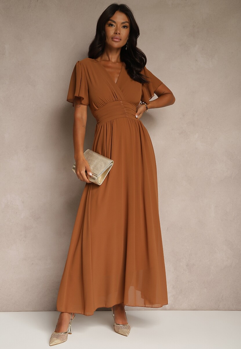 Brązowa Rozkloszowana Sukienka z Kopertowym Dekoltem Obillis