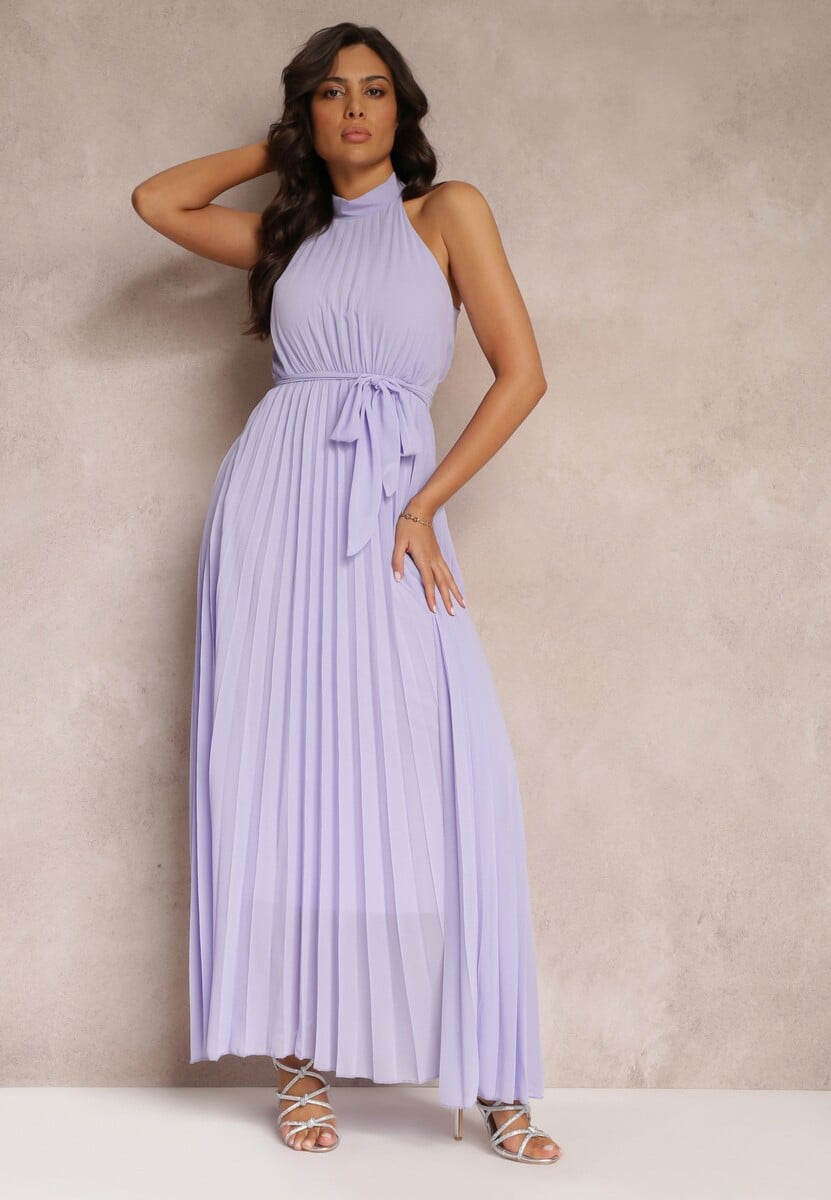 Fioletowa Sukienka Maxi bez Rękawów z Gumką w Talii z Plisowanej Tkaniny Pesstia