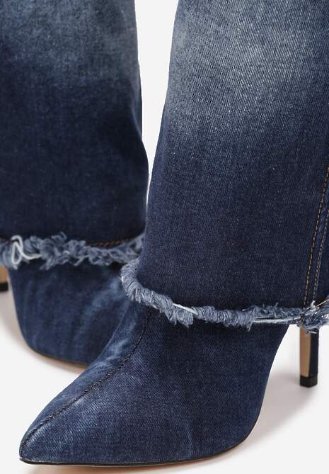 Niebieskie Kozaki Na Szpilce z Jeansu Ozdobione Przetarciami i Dziurami Cikase