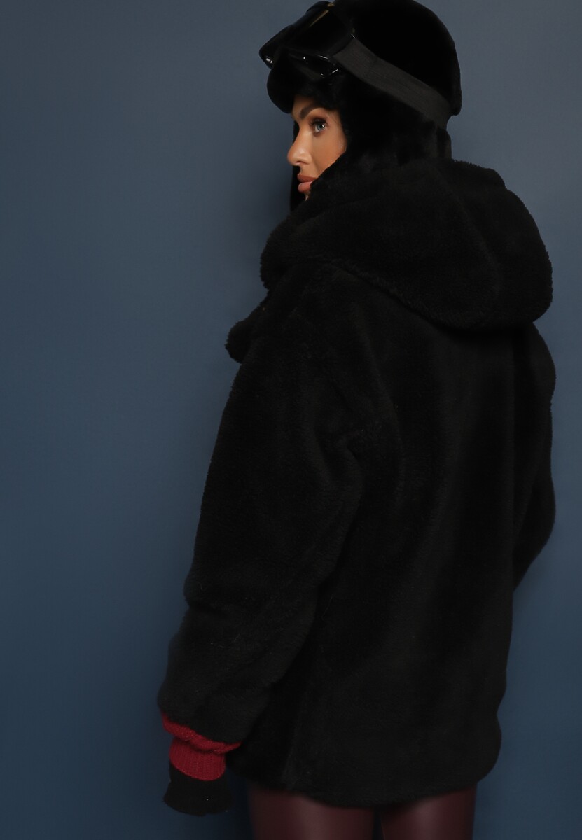 Czarna Futerkowa Kurtka Teddy z Kapturem z Wsuwanymi Kieszeniami Gerovia