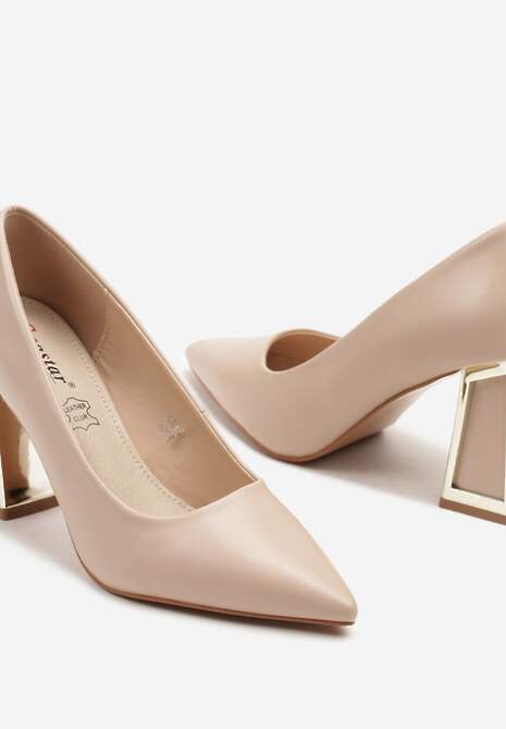 Beżowe Czółenka na Metalicznym Obcasie z Wkładką ze Skóry Naturalnej Ivelseki