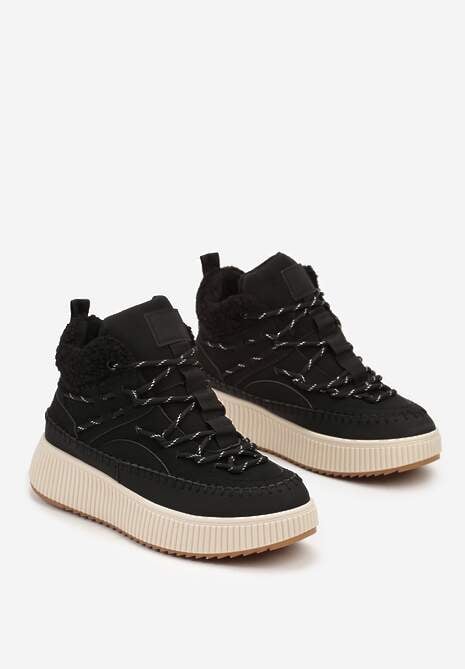 Czarne Śniegowce Traperki Vices z Futerkiem Typu Baranek i Platformą Terivelle