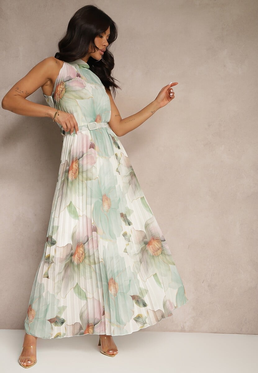 Różowa Plisowana Sukienka z Wiązaniem i Paskiem z Klamrą Nitolia