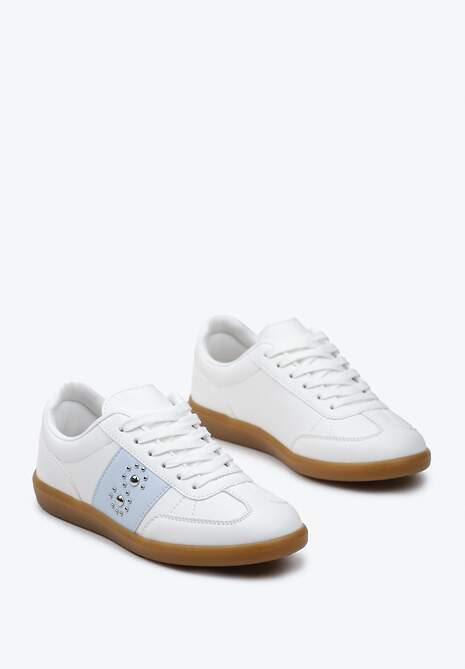 Biało-Niebieskie Sneakersy na Płaskiej Podeszwie z Wiązaniem i Ozdobną Wstawką Drukesti
