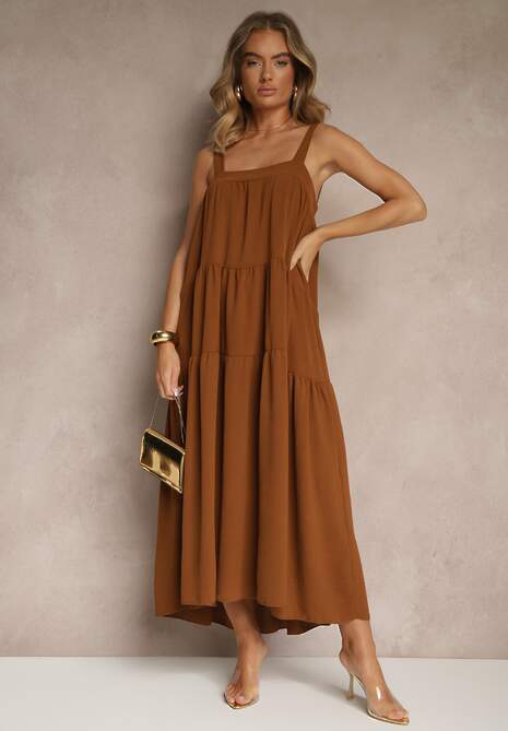 Brązowa Rozkloszowana Sukienka Ozdobiona Wiązaniem na Plecach Saviande