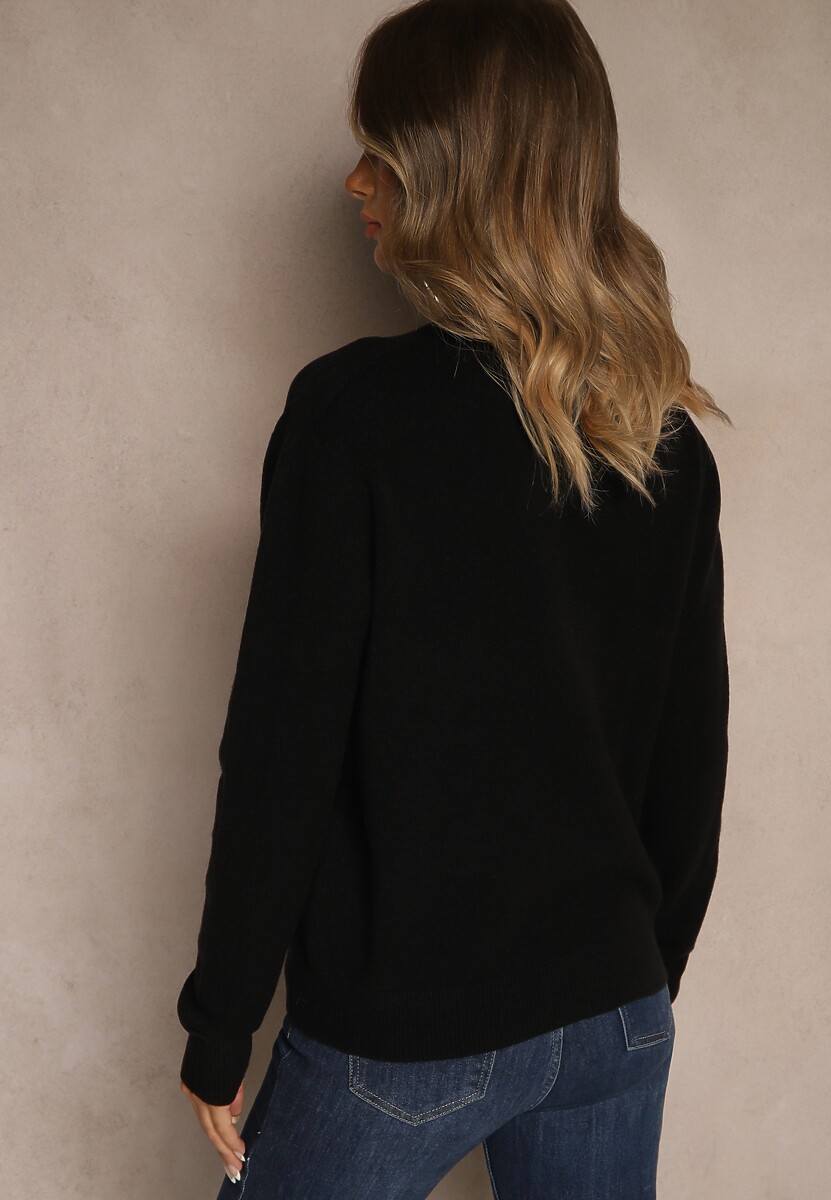 Czarny Gładki Sweter z Półgolfem z Dzianiny z Wełną i Wiskozą Zaiara
