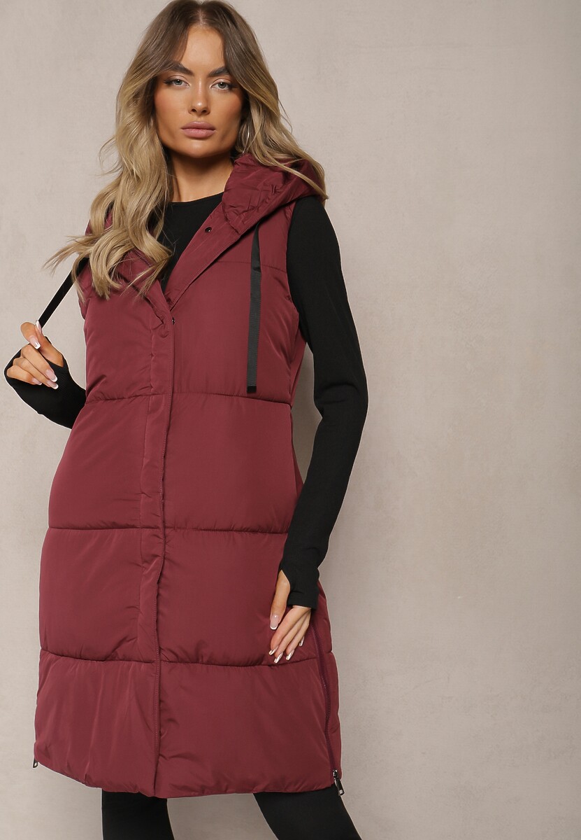 Bordowa Kamizelka Pikowana Wykończona Kapturem i Sznurkami Quinaria
