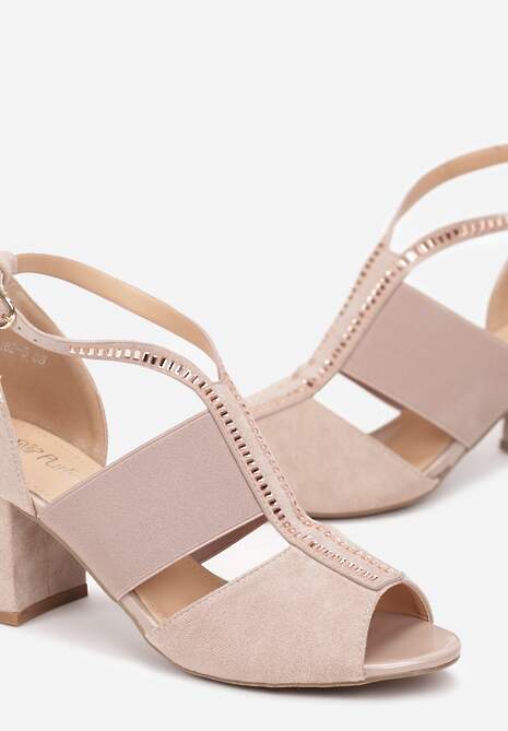 Beżowe Sandały Peep Toe z Ozdobnym Paskiem z Cyrkoniami Keile