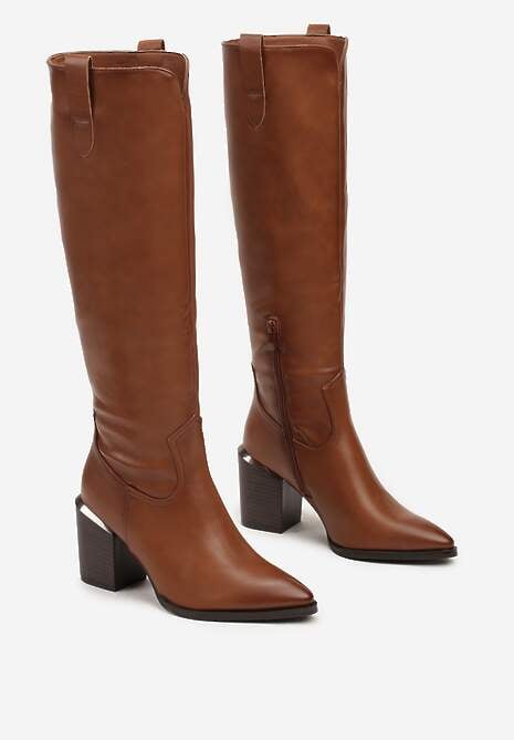 Brązowe Kozaki na Słupku Ozdobione Metaliczną Wstawką Serivia