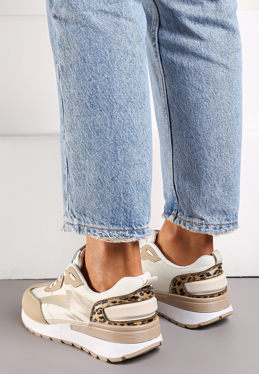 Ciemnobeżowe Sznurowane Sneakersy z Materiałowymi Wstawkami Aneril