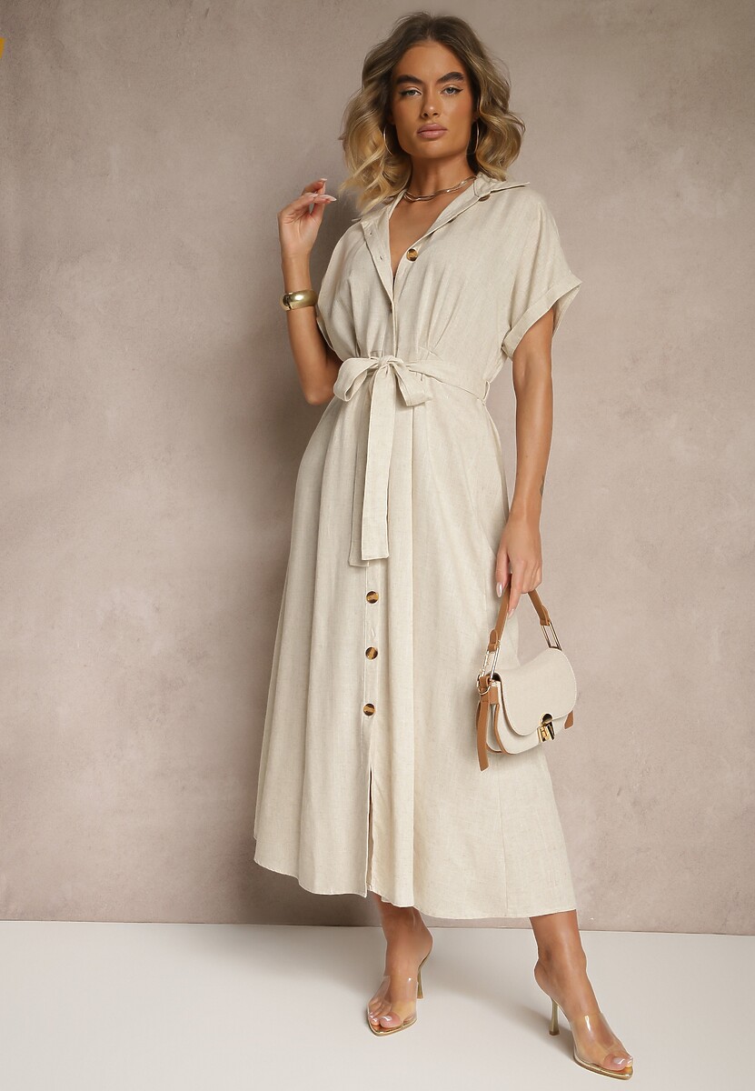 Beżowa Sukienka Koszulowa z Wiskozą i Lnem Ozdobiona Paskiem Lunie
