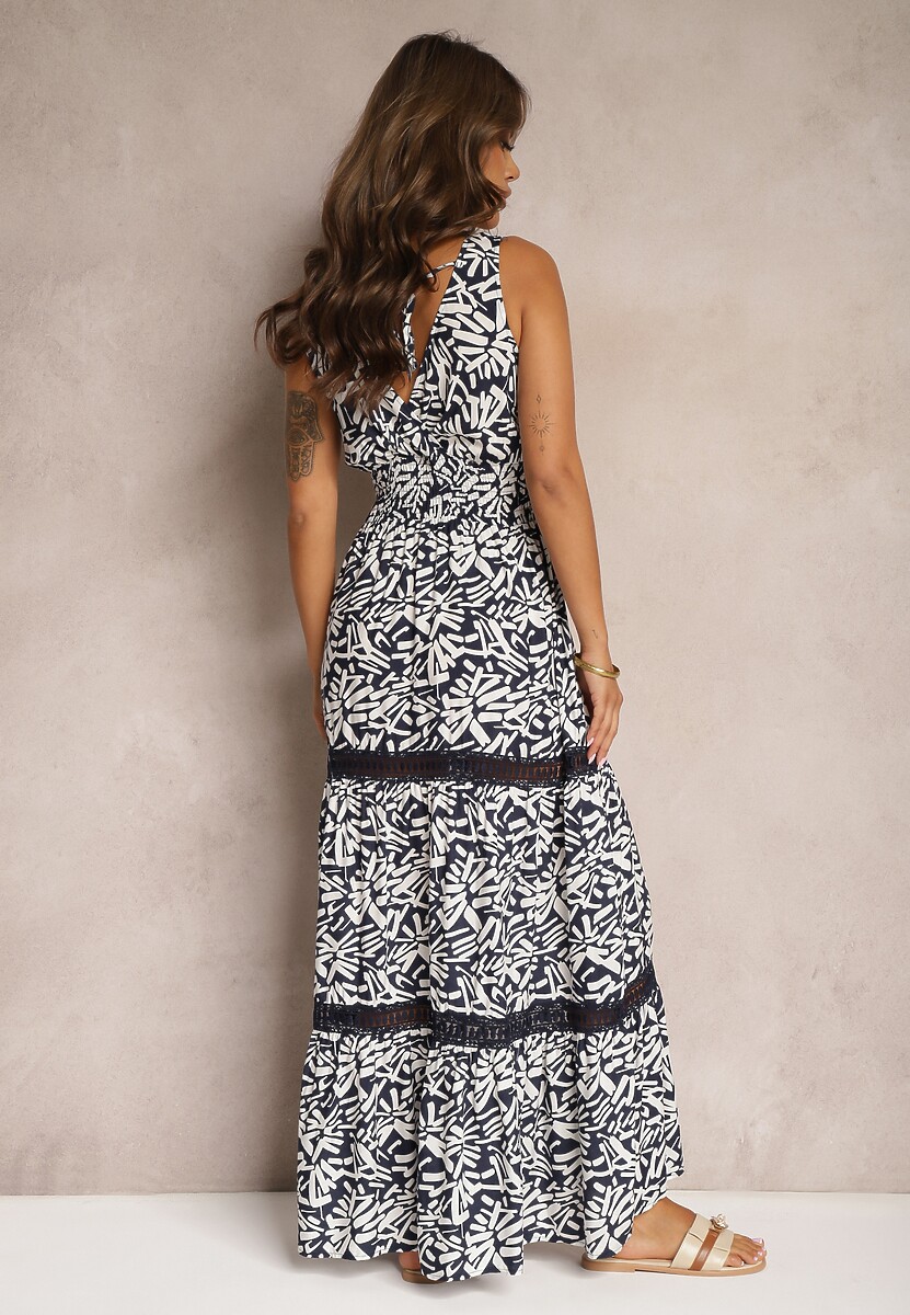 Granatowo-Biała Taliowana Sukienka z Bawełny na Ramiączkach z Gumką w Pasie Yalnena